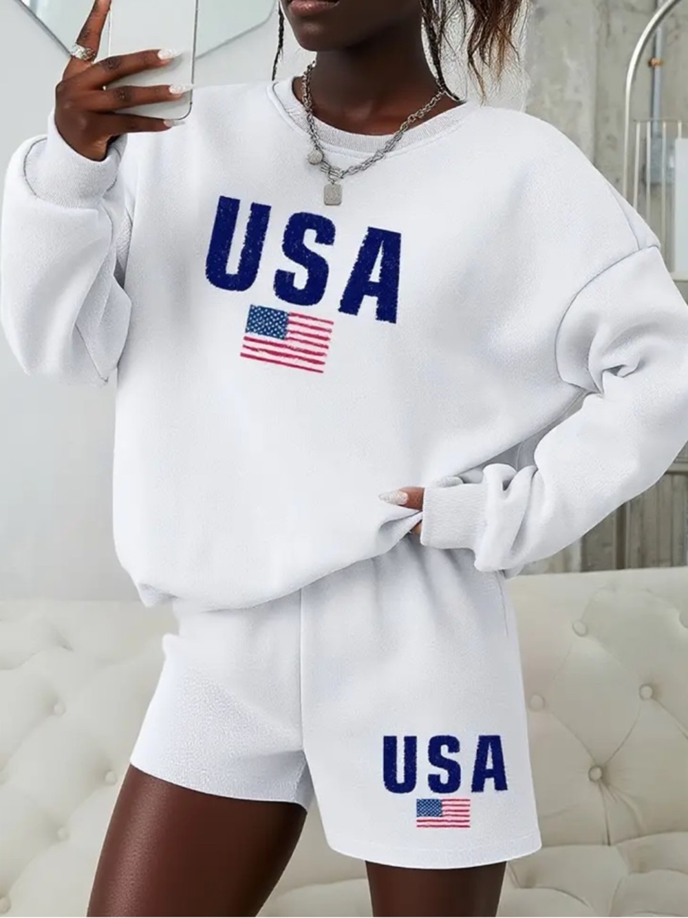 USA Graphic White Sweatshirt & Shorts Set